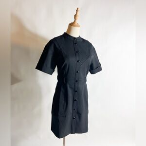 NWOT SEZANE Paulette Stretch Wool Sleek Button Front Black Short Sleeve Dress 34